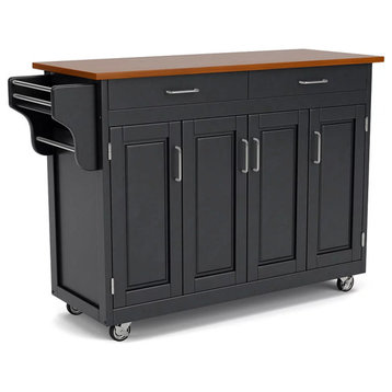 Contemporary Kitchen Island Cart, Multiple Cabinets & Storage Drawers, Black/Oak