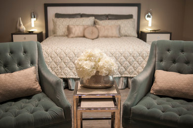 Example of a transitional ceramic tile bedroom design in Other with gray walls