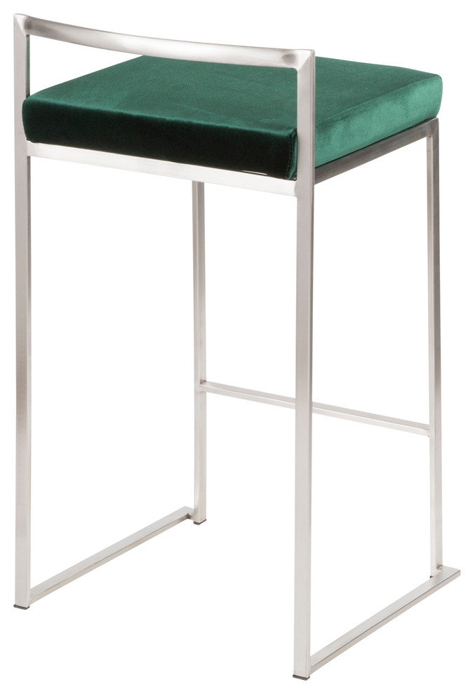 LumiSource Fuji Counter Stool Set of 2, Green Velvet Cushion, Steel Frame