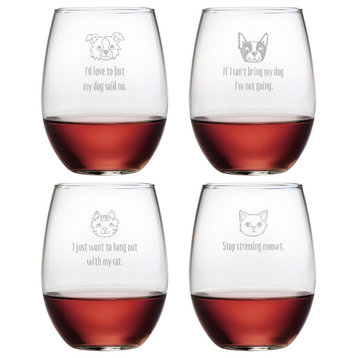 Like Cats and Dogs 4-Piece Stemless Wine Glass Set