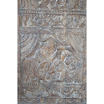 Consigned Handcarved Kamasutra Door, Carved Wood Door Panel, Wall Sculpture