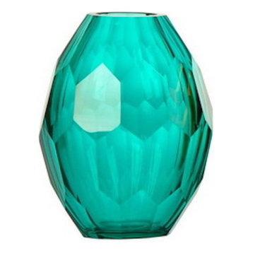 Diamond Solid Color Hand Blown Art Glass Vase, Gift Box, Turquoise