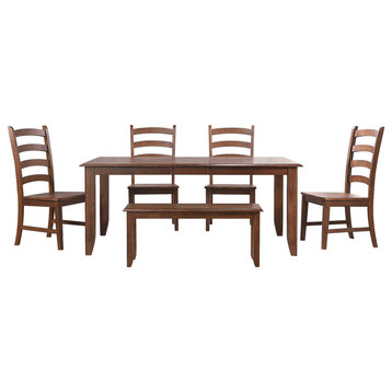 6-Piece 72" Extendable Table Dining Set With Bench, 4 Slat Back Chairs