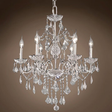 Heritage 6 Light 24" Chrome Chandelier With Clear Asfour Crystal and Led Bulb