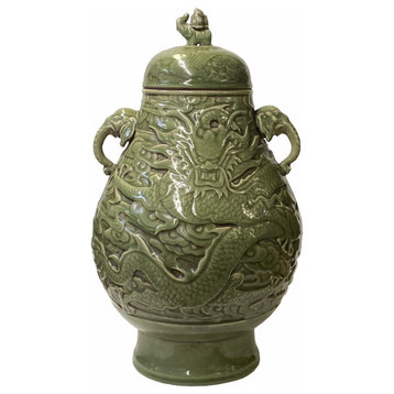 Chinese Ancient style Celadon Ceremonial Jar with Dragon Motif Hws1595