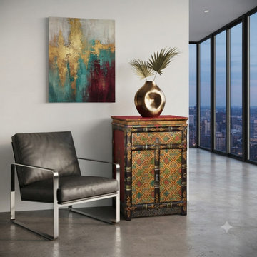 Tibetan Style Geometric Graphic Brown Golden Yellow End Table Nightstand ws4994