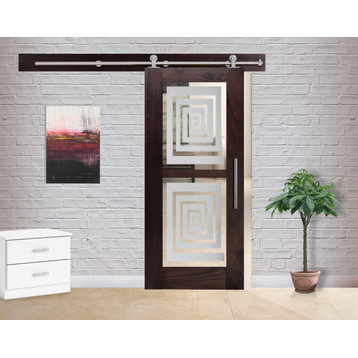 2 Lite Walnut Hardwood Sliding Barn Door with Glasssert, Semi-Private, 42"x84