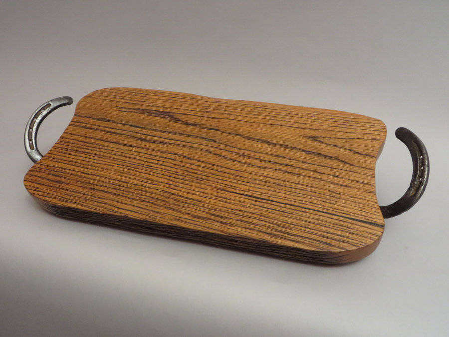 SOLD #1409 Reclaimed Oak Cut & Serve Board w/ HorseShoe Handles 23" x 10" x 2"