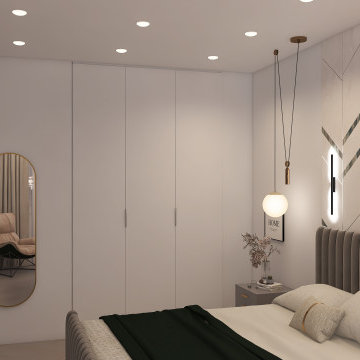Compact Bedroom Storage Wall with Full-Length Mirror and TV