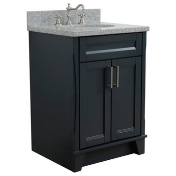 25" Single Sink Vanity, Dark Gray Finish With Gray Granite And Oval Sink