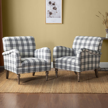 Upholstered Amchair With Plaid Pattern Set of 2, Black