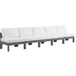Meridian Furniture - Nizuc Water Resistant Patio Modular Straight Sofa, White, 5-Piece: 5 Armless Chair, Dark Gray Aluminum Frame - Pick and choose your favorites from the Nizuc collection to create a modular seating group the whole gang will enjoy. The sturdy aluminum frame provides dependable support for friends and family as they relax and unwind, and the resilient white water resistant fabric stands up to the elements without losing its beautiful demeanor, so you can count on it lasting for the long haul. Latches beneath these seating pieces help you easily attach them to one another for convenient setup.