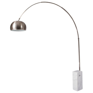 LeisureMod Modern Arco Stainless Steel Floor Lamp With Marble Cube Base in White