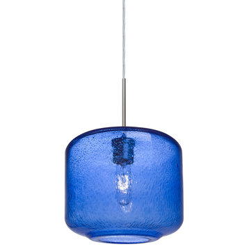 Niles 1-Light Pendant Lighting, Satin Nickel, Blue Bubble Glass