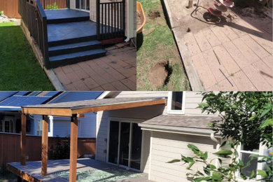 Inspiration for a large backyard ground level metal railing deck remodel in Denver with a roof extension