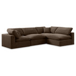 Meridian Furniture - Comfy Upholstered L-Shaped Modular Sectional, Brown, 4-Piece: 2 Armless Chair, 2 Corner Chair, Velvet - Give your space a whole new look with this brown Comfy velvet sectional. This handsome sectional fits nicely with other items in the Comfy collection and is a versatile seating option designed for adaptability, comfort and style. Wrapped in rich brown durable velvet upholstery, this sectional offers a plush embrace of overstuffed down feather cushions, carefully crafted to deliver the highest level of comfort. The perfect seat for creating an oasis for relaxation, this sectional has thick foam surrounding its frame for added support and coziness.