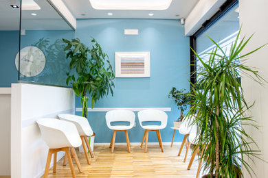 Ispirazione per un ingresso moderno di medie dimensioni con pareti multicolore, parquet chiaro, una porta singola e pavimento beige