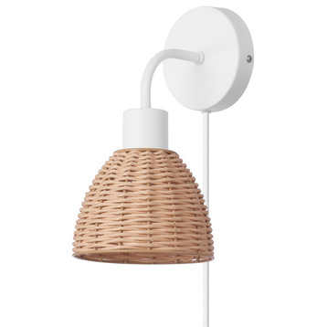 Briar 1-Light Matte White Plug-In or Hardwire Wall Sconce with Rattan Shade