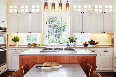 Inspiration for a transitional eat-in kitchen in San Francisco with raised-panel cabinets, white cabinets, yellow splashback, stainless steel appliances, dark hardwood floors and with island.