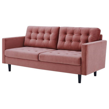 Mid Century Sofa, Velvet Upholstery With Button Tufted Seat & Back, Dusty Rose