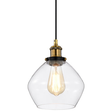 1-Light Black and Antique Brass Mini Pendant Light With Clear Glass Shade
