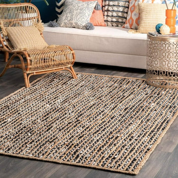 Farmhouse Area Rug, Handwoven Jute With Black/White Striped Pattern, 6' X 9'