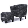Accent Chair w/ Ottoman Round Arms Curved Back French Print Script, Black Pattern