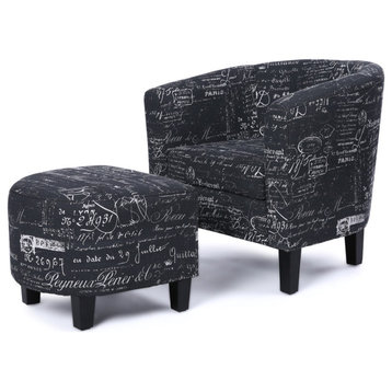 Accent Chair w/ Ottoman Round Arms Curved Back French Print Script, Black Pattern