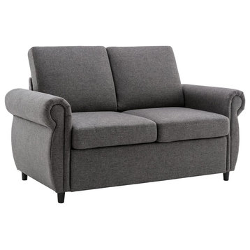 Contemporary Sleeper Sofa, Linen Upholstered Seat With Scrolled Arms, Grey