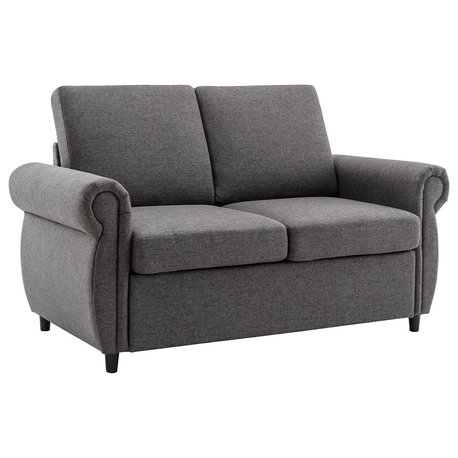 Grey Sleeper Sofa with Linen Upholstery, Scrolled Arms, and Memory Foam Mattress