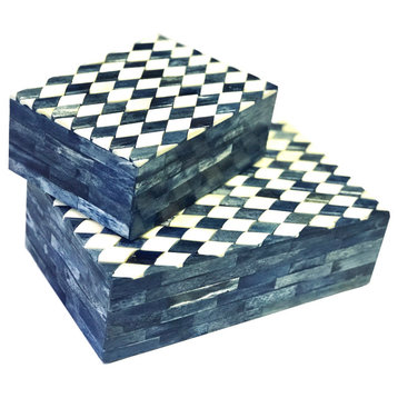 Blue and White Diamond Cut Bone Box, Medium and Large, Medium