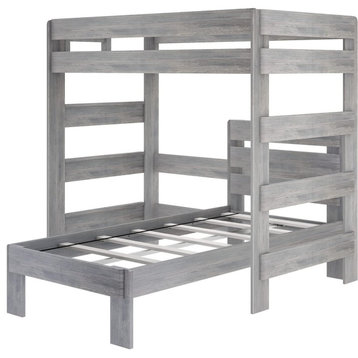 Farmhouse Twin Size Bunk Bed, L Shaped Design With Slatted Ladder, Driftwood