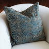 Lavish Beaded Velvet Petal Cross Throw Pillow, Ornate Blue Gray Gold Bronze