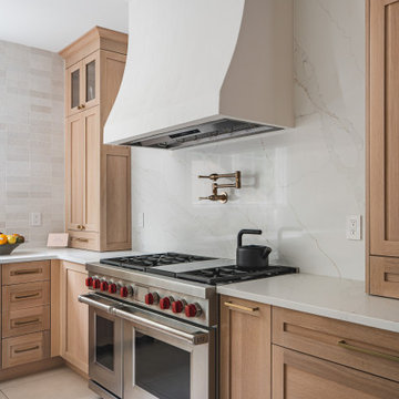 Scandinavian Kitchen with Light Oak Cabinets and Quartzite Island