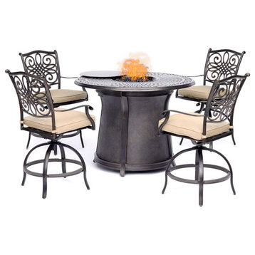 5 Pieces Patio Dining Set, 4 Swivel Counter Stool With Round Fire Pit Table, Tan