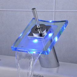 Contemporary Single Handle Waterfall LED Bathroom Sink Faucet T0801F - Bathroom Sink Faucets