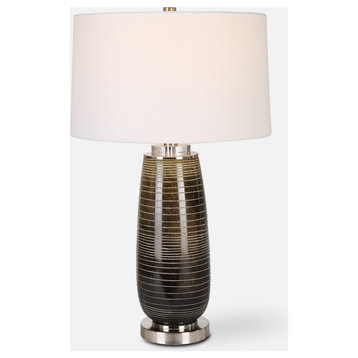 Elegant Rustic Bronze Ombre Art Glass Table Lamp 28 in Etched Striped Gloss