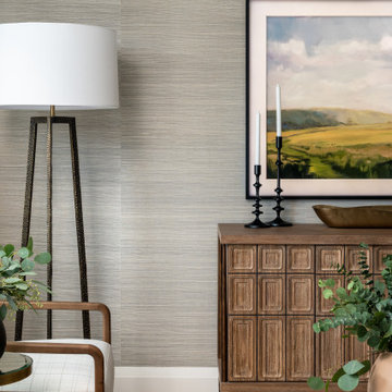 Warm Textural Living Room With Navy Sofa Neutral Grasscloth Wallpaper Woven Shad