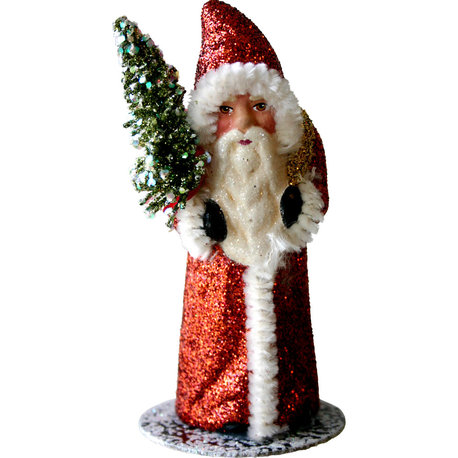 Schaller Paper Mache Candy Container- Santa Copper Glitter Coat With Tree