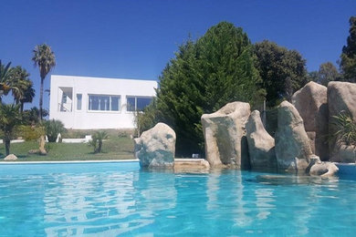 Foto di un'ampia piscina minimal rettangolare davanti casa con fontane