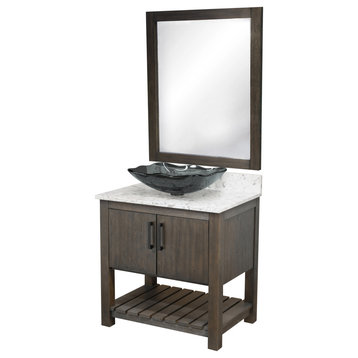 30" Vanity, Cafe Mocha Quartz Top, Vessel Sink, Drain, Mounting Ring, and P-Trap, Matte Black, Mirror Included