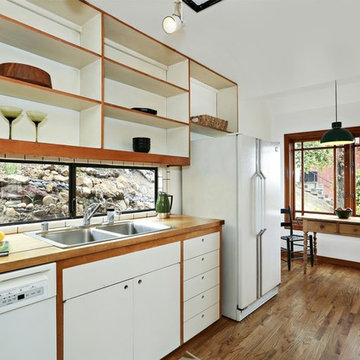 Holes instead of pulls, Japanese architect, breakfast nook