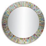 DecorShore - Bohemian Rainbow Rhapsody Mosaic Wall Mirror,24" Multicolor Spectrum Wall Mirror - 24" Round Decorative Glass & Wood Framed Rainbow Mosaic Wall Mirror features artist-designed shimmering metallic rainbow glass mosaic inlay. Handmade and unique wall mirror, this mirror reflects light and illuminates the playful rainbow of colors contained within each piece of handout glass mosaic tile.