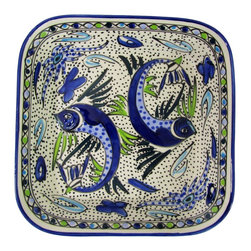 Le Souk Ceramique - Square Stoneware Serving Bowl Aqua Fish Design - Serving And Salad Bowls