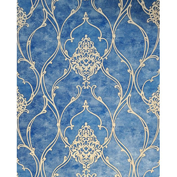 M5123 Royal blue beige gold Victorian damask Wallpaper , 42 Inc X 33 Ft Roll