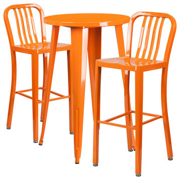Flash Commercial 24" Round Orange Metal Bar Table Set & 2 Vertical Slat Stools