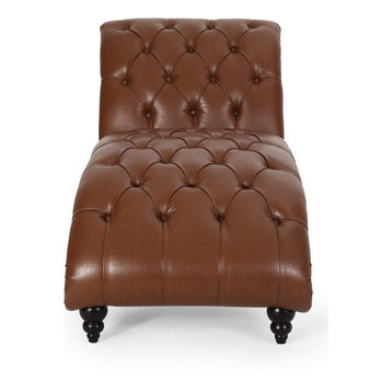 Contemporary Chaise Lounge, Birch Wood Legs and Cognac Brown Faux Leather Seat