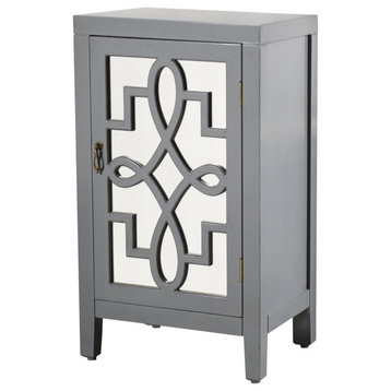 Contemporary Nightstand, Unique Patterned Door & Antique Mirrored Accent, Gray