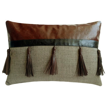 Brown Leather 12"x20" Lumbar Pillow Cover, Tassels Trim Cowboy Horse Royal Oak