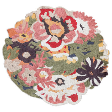 Cotton Tufted Organic Shaped Flower Field Rug With Varying Pile, Multicolor